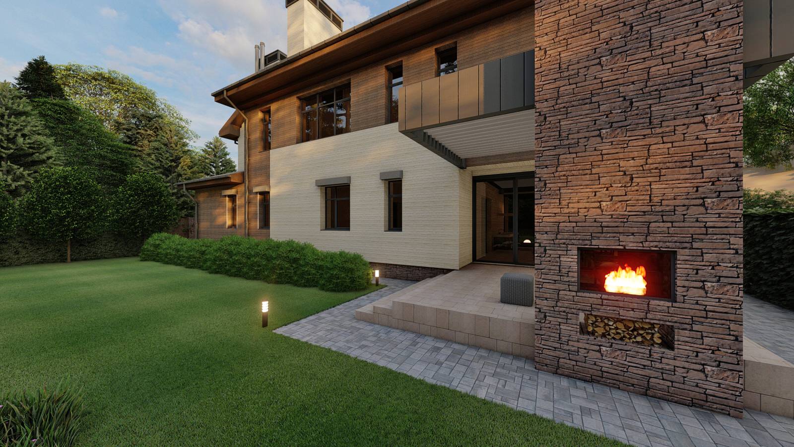 Дом с бассейном и верандой с камином