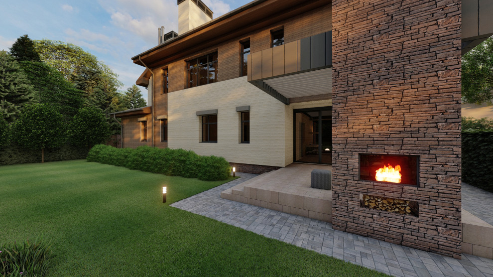 Дом с бассейном и верандой с камином