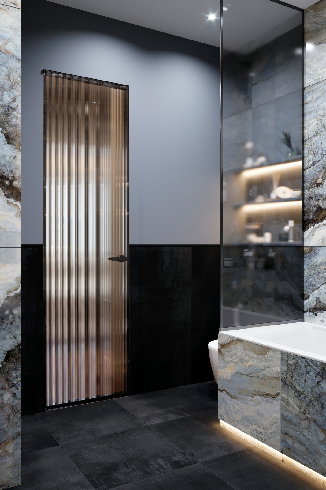 Ванная комната с гардеробной (мастер спальня). Ванная отделана керамогранитом