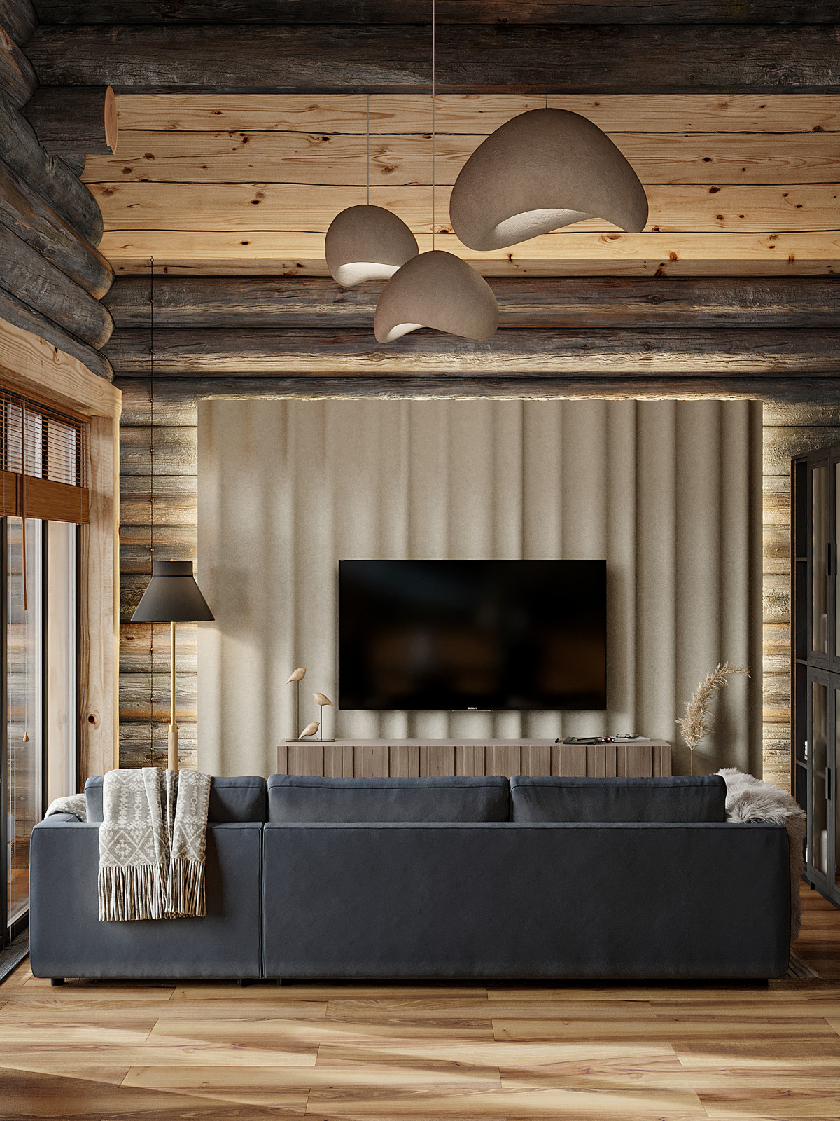 Дом из кело для рыбалки. Кухня-гостиная