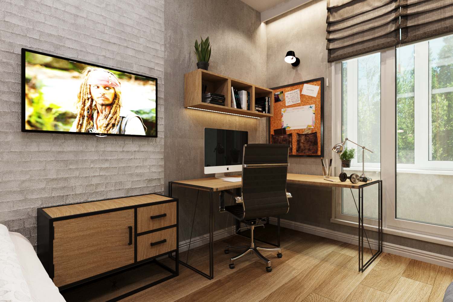 Комната подростка. Ламинат с переходом на стену.