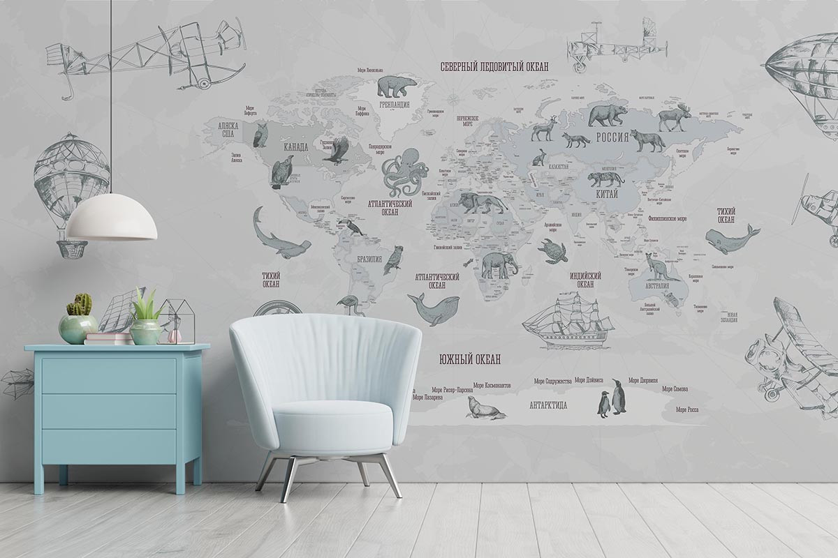 Фотообои Карта мира Ретро светло-голубая