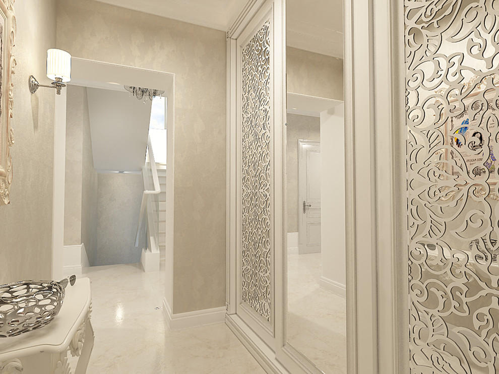 Кухня и гостиная в светлых тонах с сиреневыми акцентами