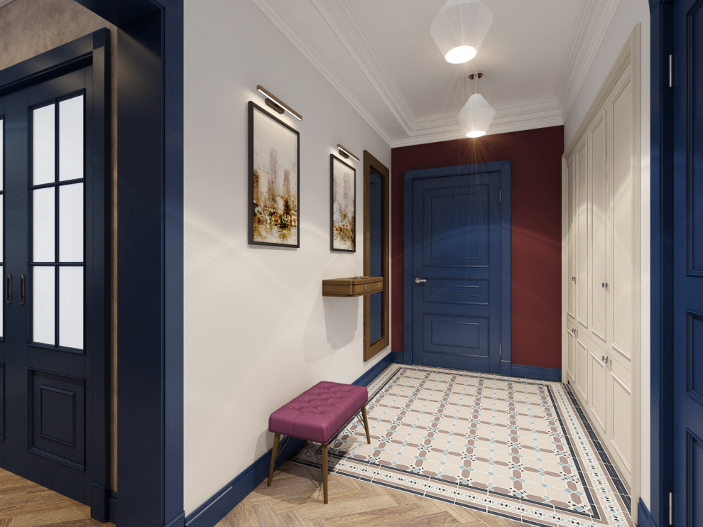 Стильная прихожая с бордовой стеной и метлахской плиткой