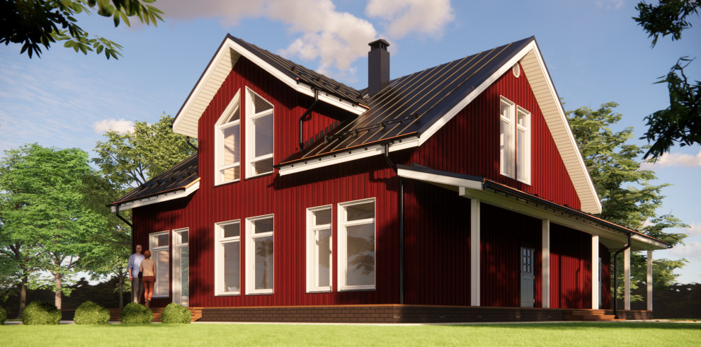 Деревянный фасад в красно-белой гамме