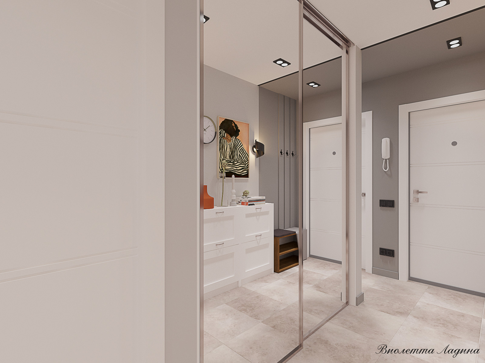 Трешка в панельном доме в современном стиле с голубым акцентом.