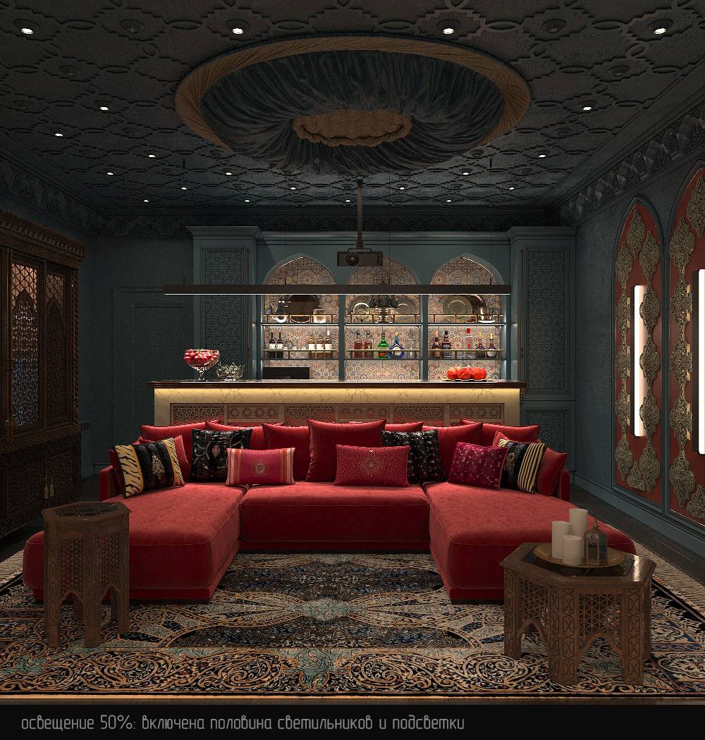 Интерьер кинозала в цокольном этаже загородного дома в Восточном стиле