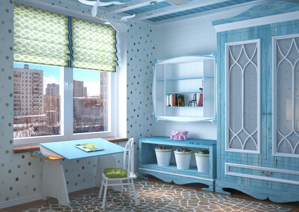 Kids room for a girl in light blue colors - 3D vizualization
