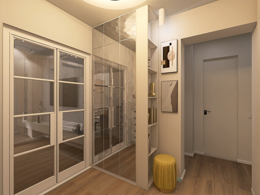 квартира в серо-бежевых тонах с яркой ванной