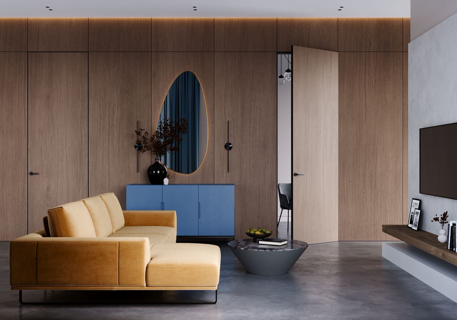 3д визуализация мягкой мебели в интерьерном окружении