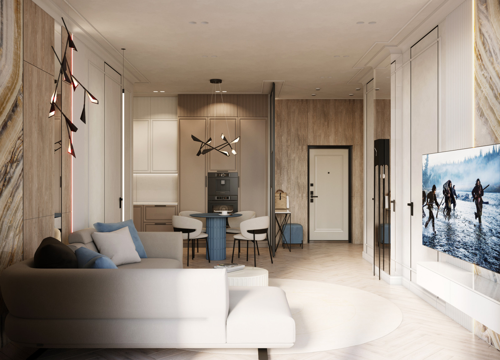 Открытое пространство гостиной, кухни и прихожей