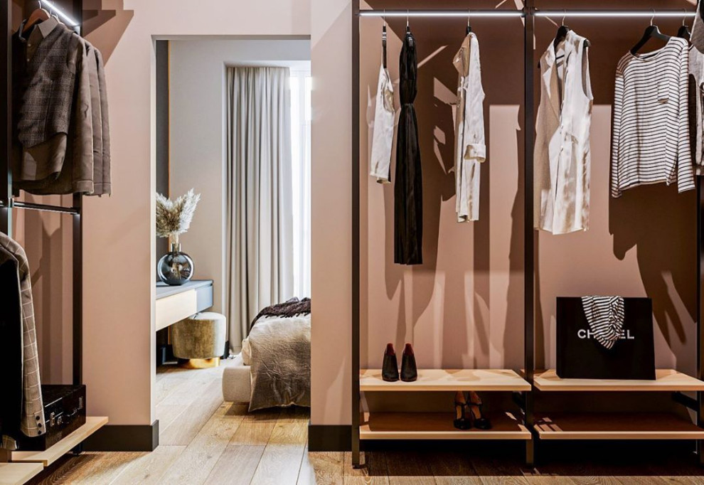 Дизайн-проект гардеробной в эко стиле и лофте в квартире во Владивостоке