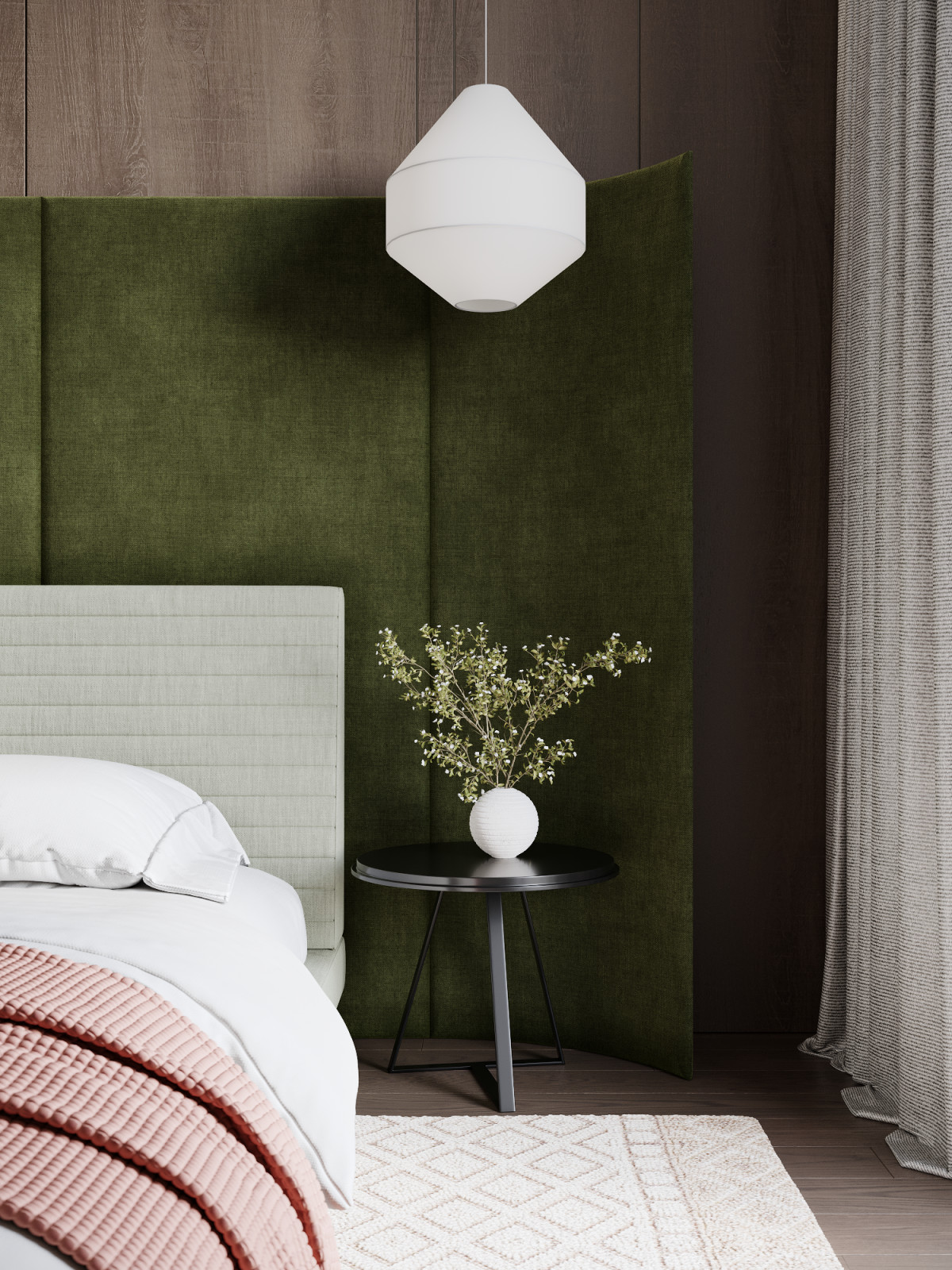 Визуализация интерьера спальни с зелеными акцентами