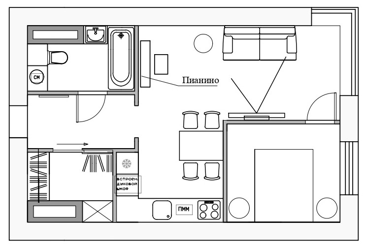 Поиск планировки: «Однушка» с кухней в коридоре и зоной для йоги