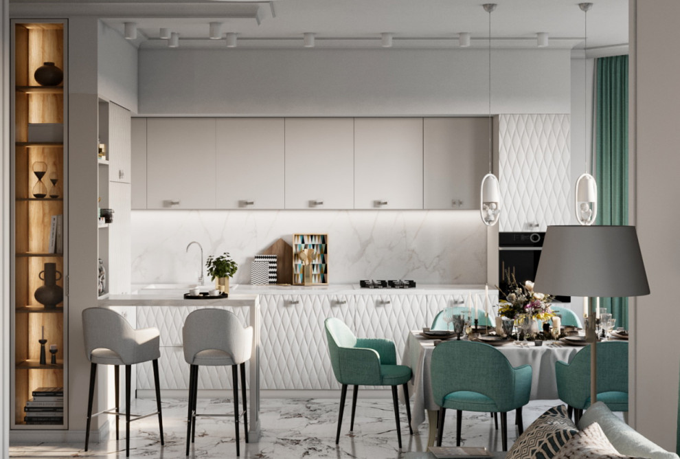 Мятная неоклассика. Кухня-гостиная в загородном доме.
