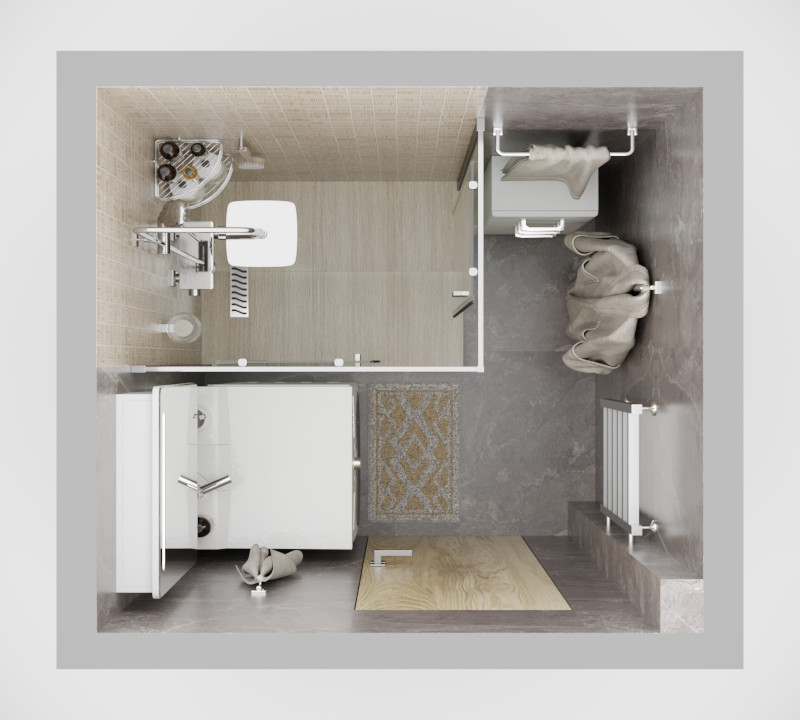 Визуализация небольшой ванной комнаты 2,3м². (1,52м×1,52м)