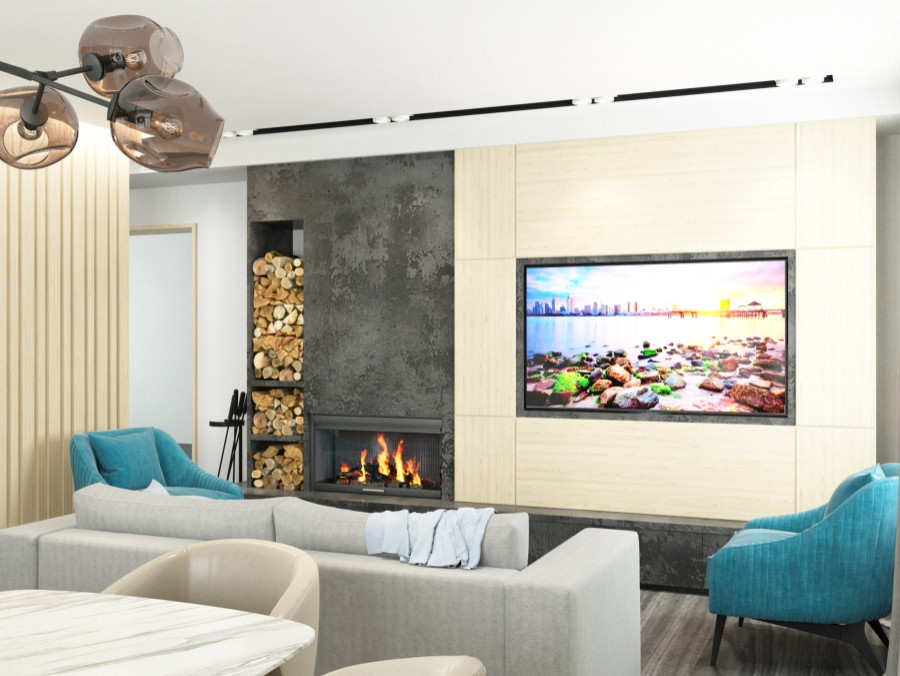 Зона гостиной с камином.