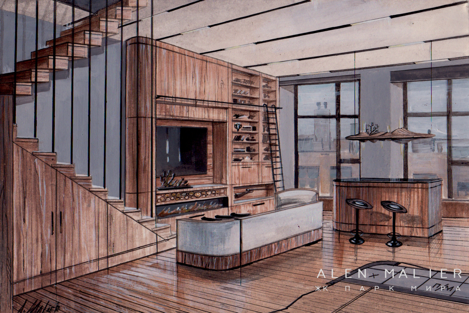 Интерьер в стиле яхты с QR-кодами лофт 46 м2 на 2 этажа