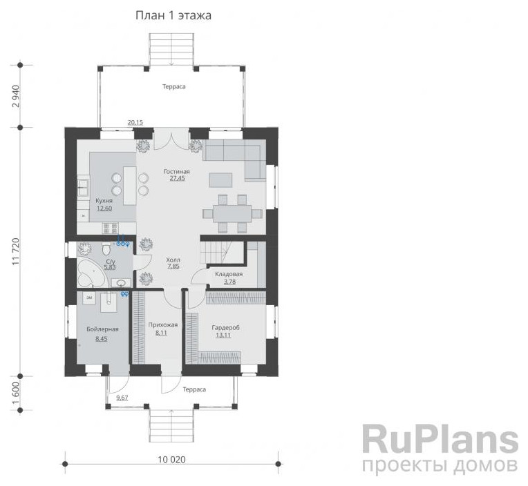 Rg5980 - Проект индивидуального двухэтажного жилого дома с чердаком и террасами