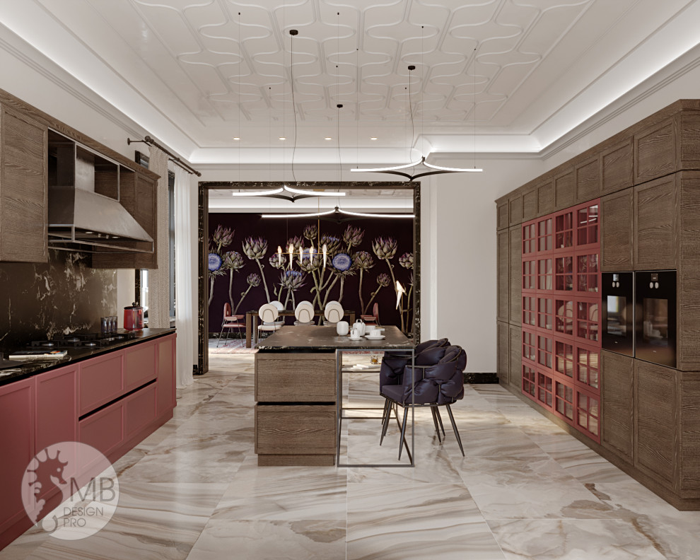 Элегантная кухня-гостиная в частном доме.