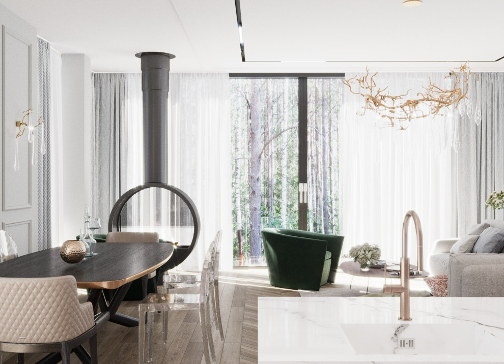 Проект интерьера общей зоны современного коттеджа