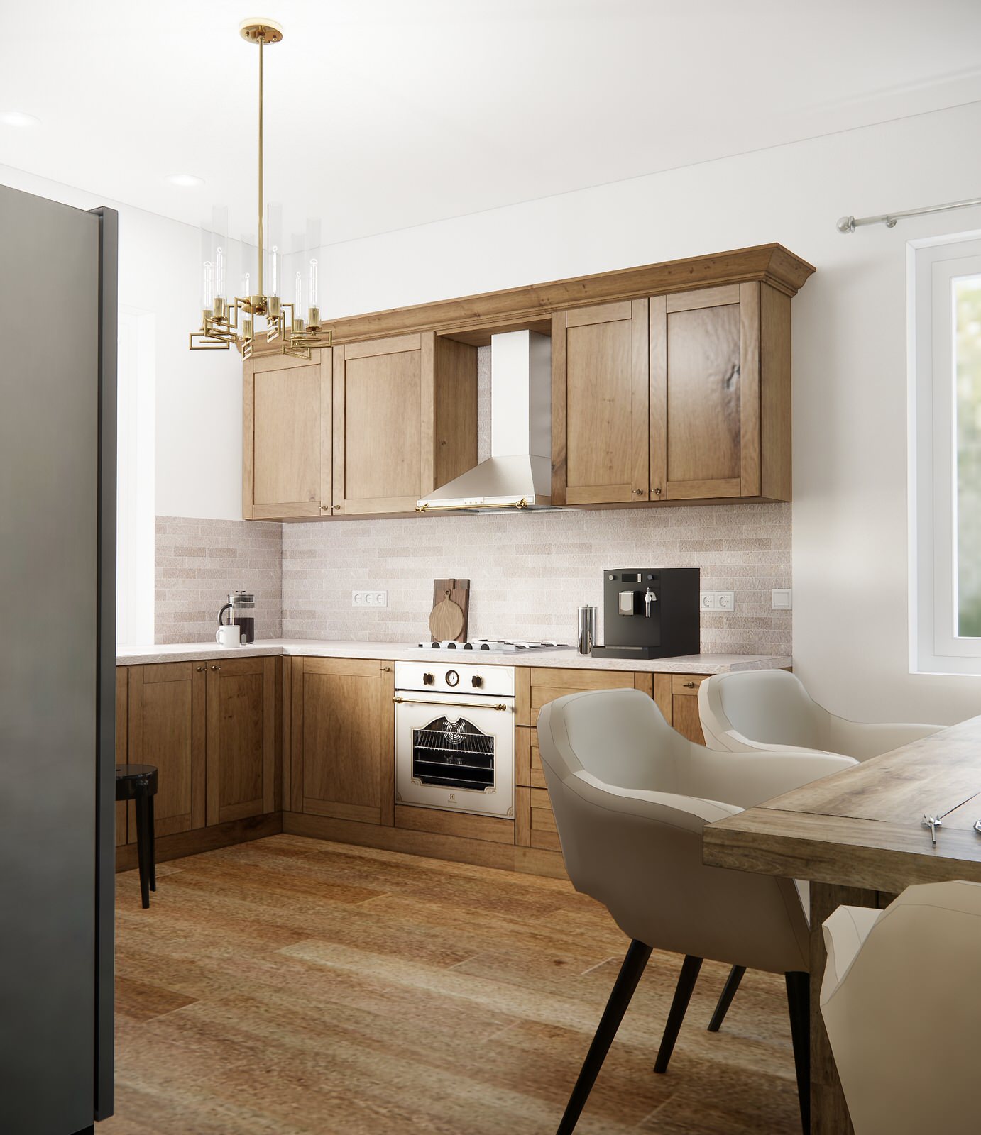 Дом в немецком стиле: кухня и гостиная с камином и лестницей