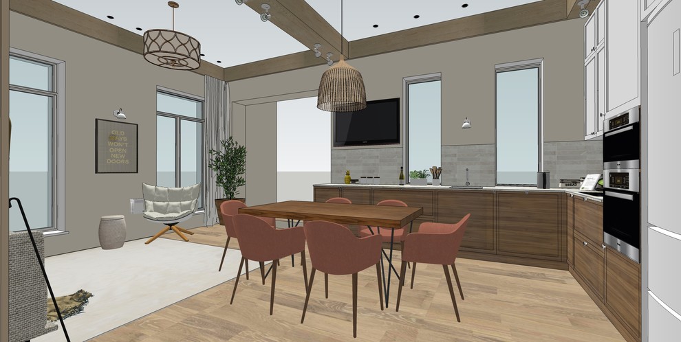 Деревянные балки в современной кухне-гостиной