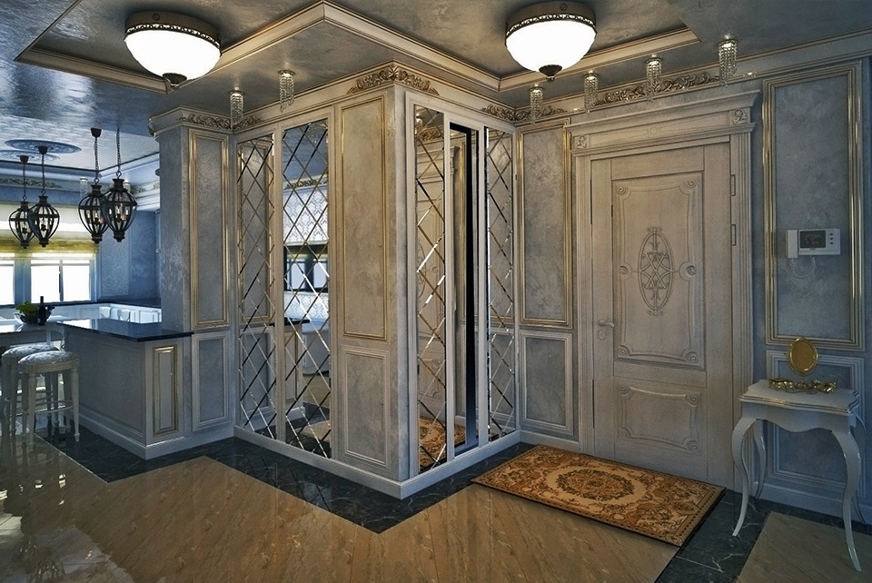 Эскизы дизайна гостиной, холла и кухни