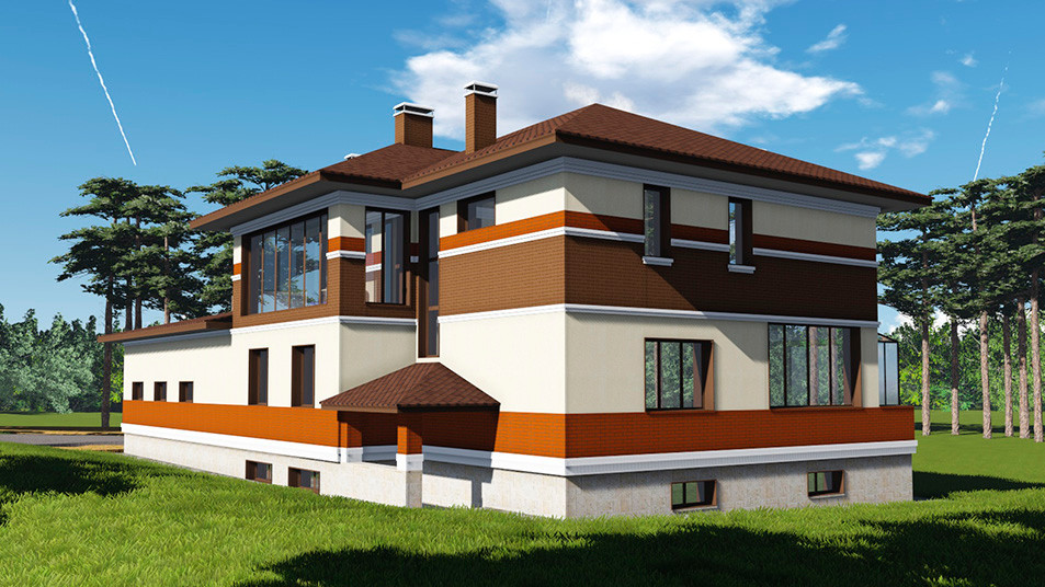 Обложка проекта: Проектирование. Двухэтажный жилой дом из кирпича с подвалом и гаражом (S=454.9м)