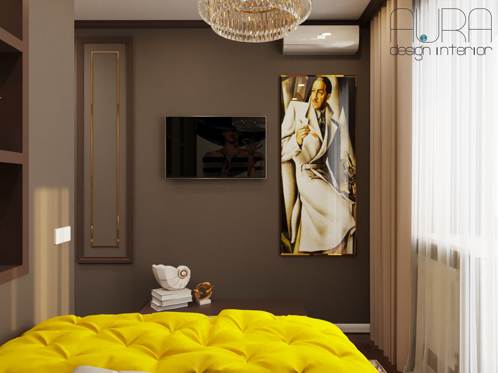 Дизайн квартиры, спальня гостиная в темных тонах