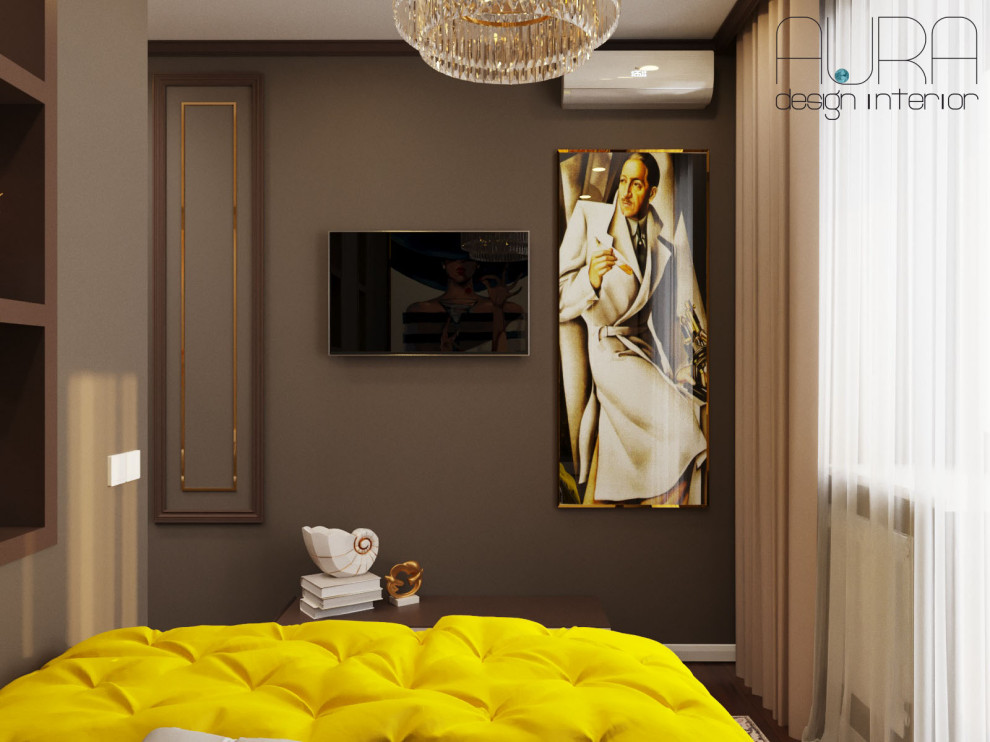 Дизайн квартиры, спальня гостиная в темных тонах