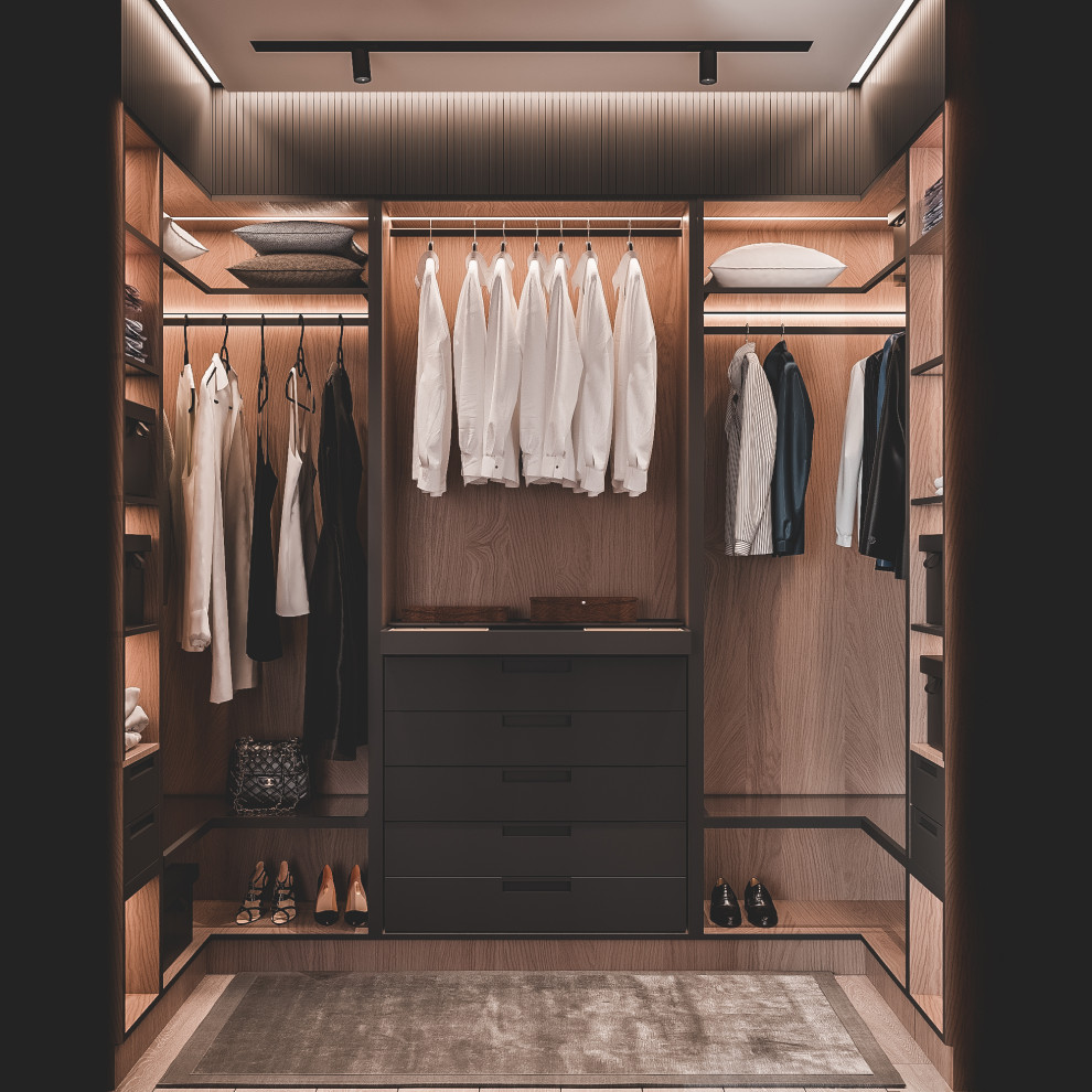 Современная светлая спальня с гардеробом