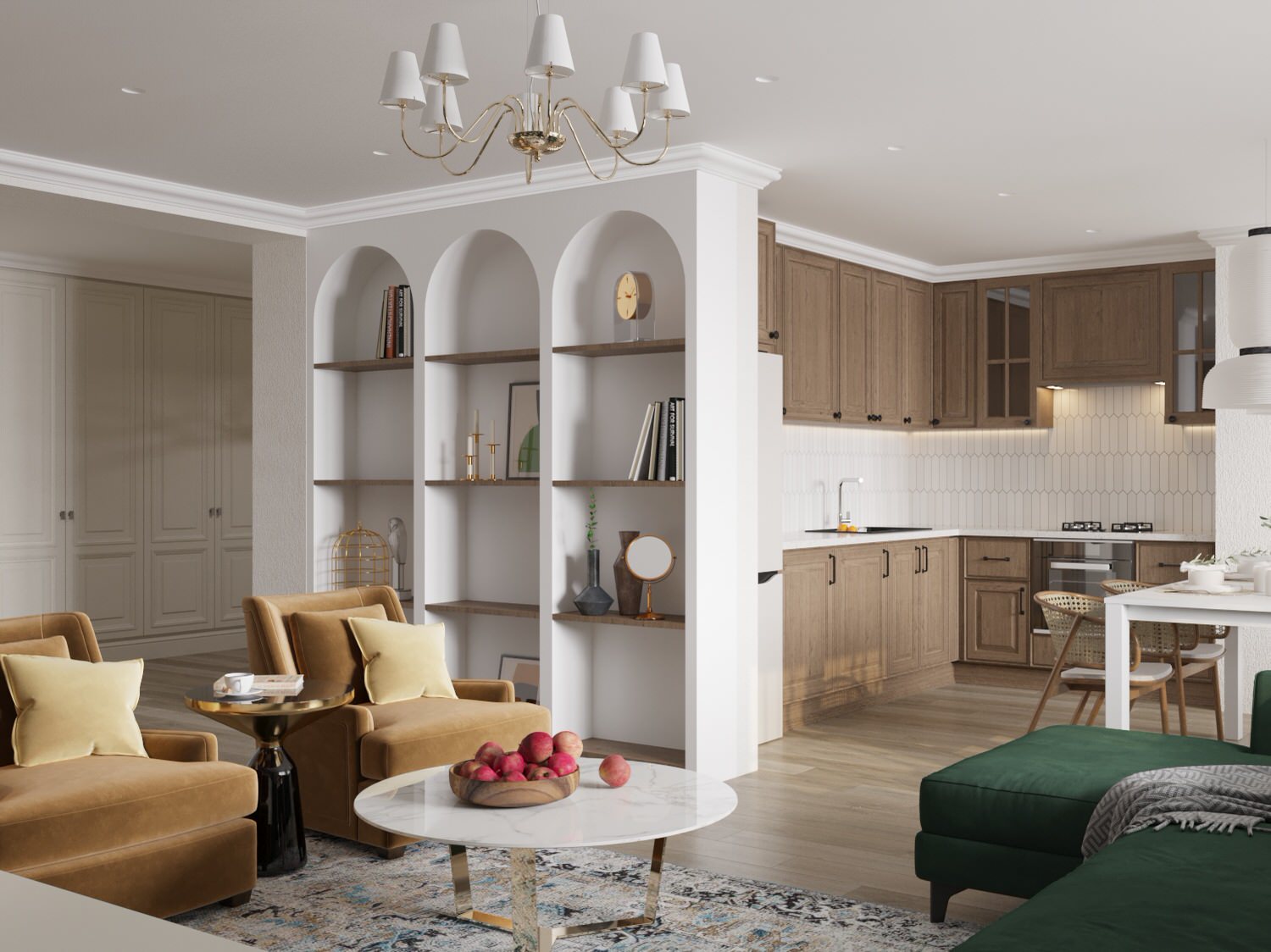 Кухня-гостиная с яркой стеной