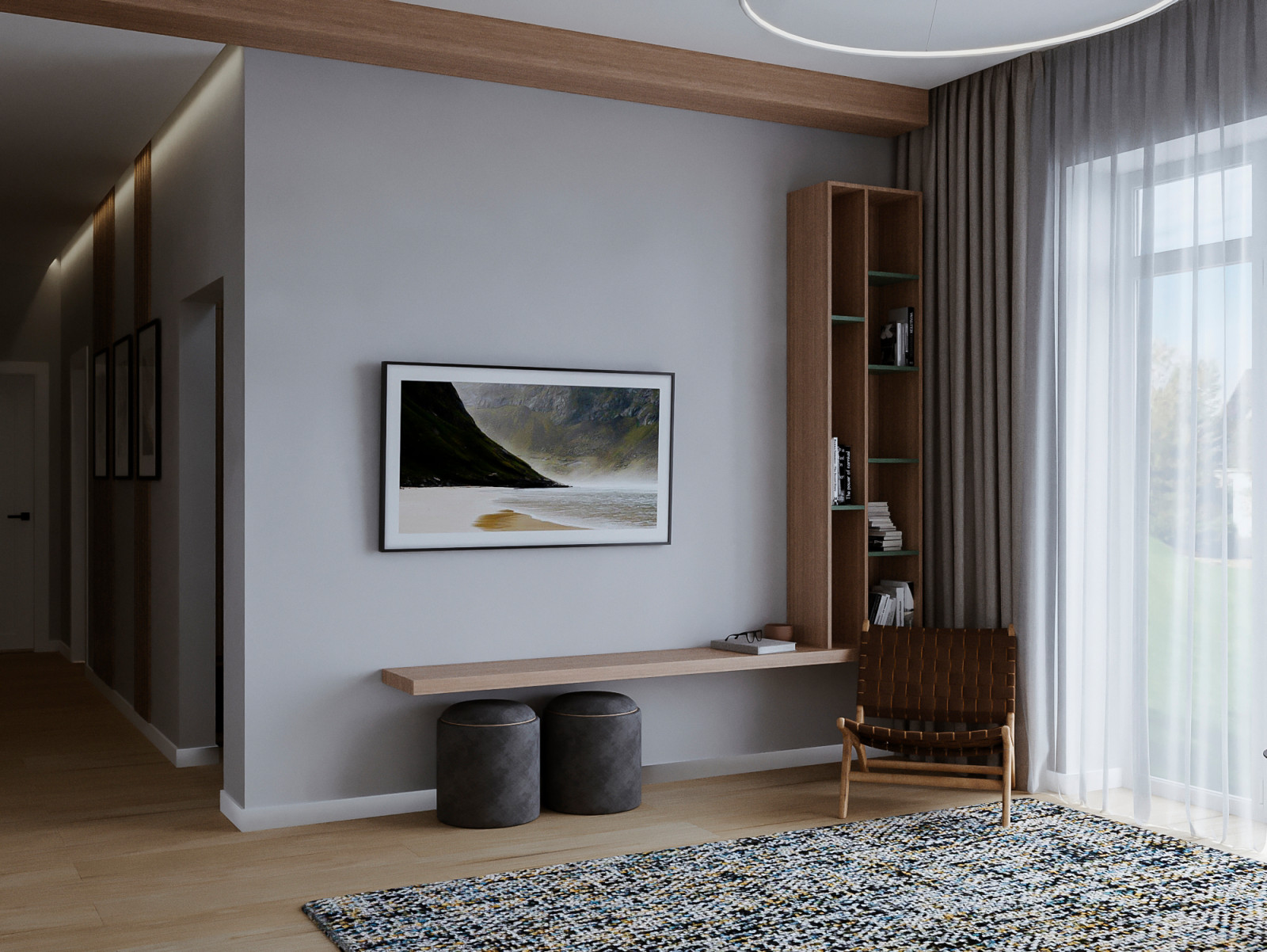 Современный интерьер дома с акцентами лестного цвета