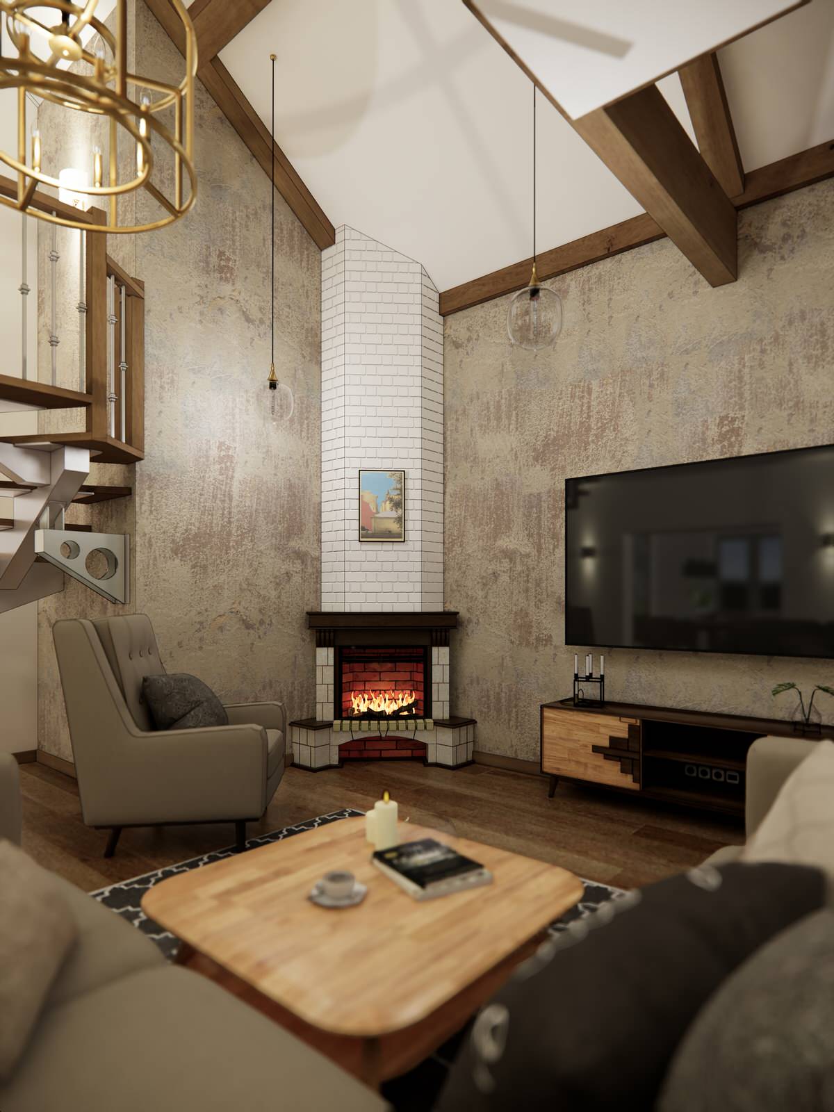 Дом в немецком стиле: кухня и гостиная с камином и лестницей