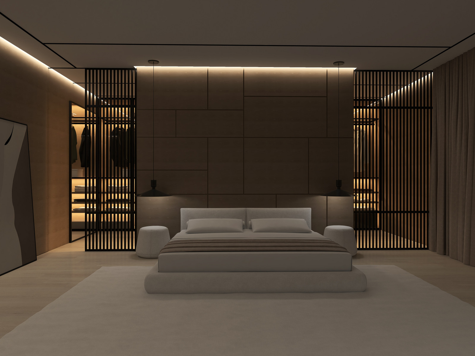 Мастер-блок с собственным гардеробом, необычным полками для книг и ковром на всю