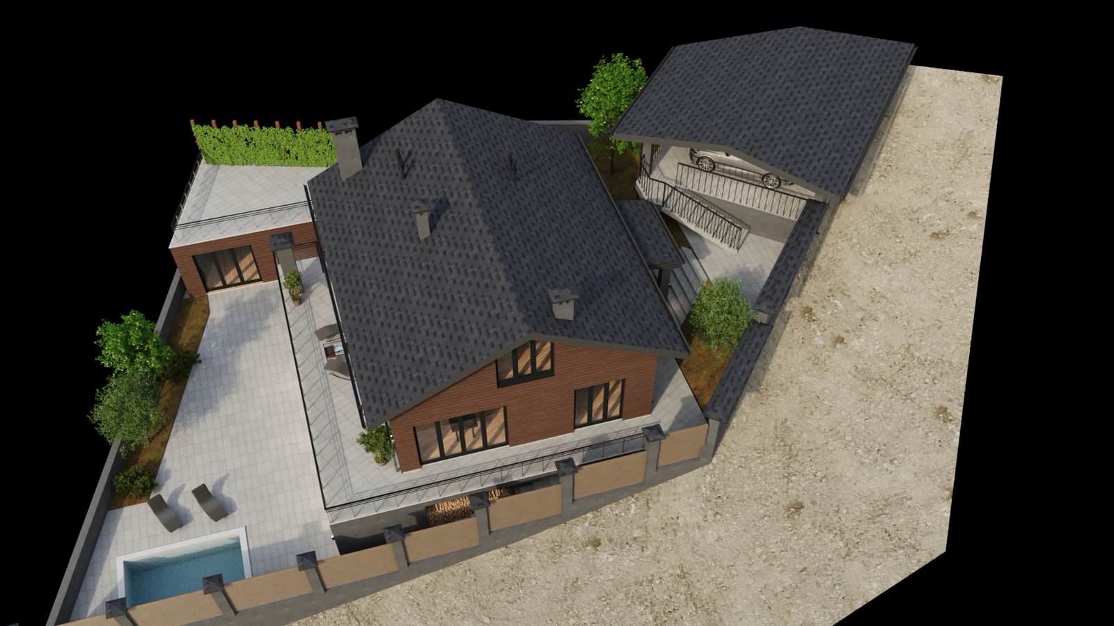 2-х этажный дом на уклоне с мансардным этажом