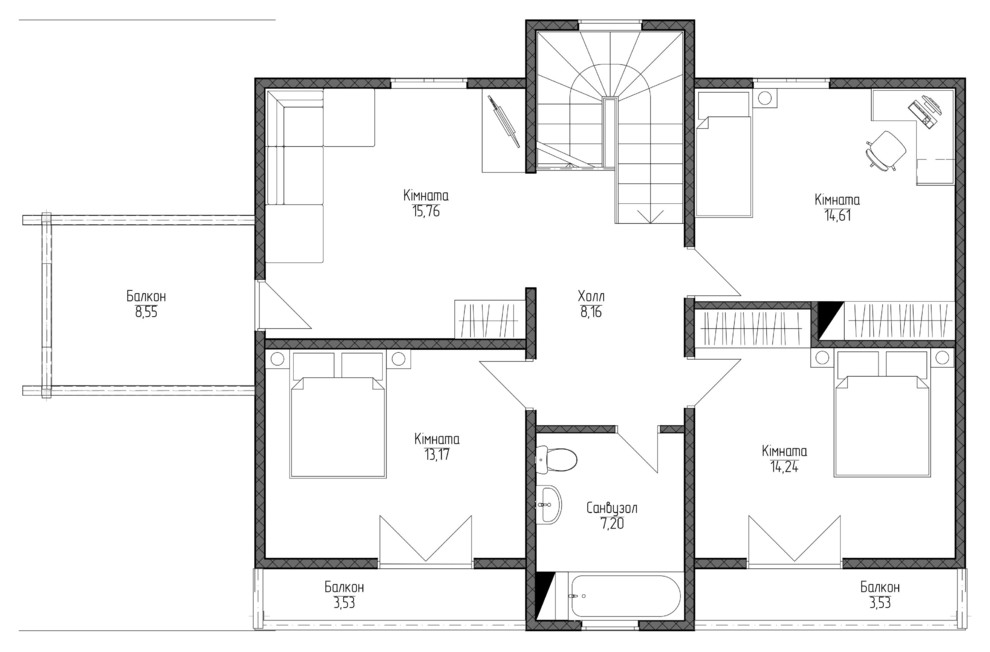 Загородный дом типа «шале», планировка 2 этажа