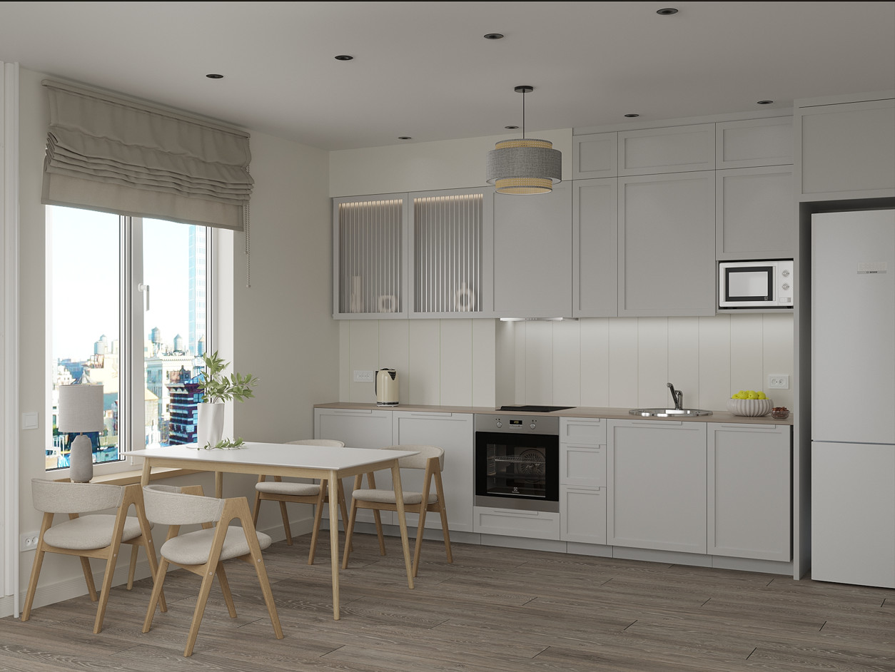 Кухня гостиная в скандинавском стиле с современными элементами