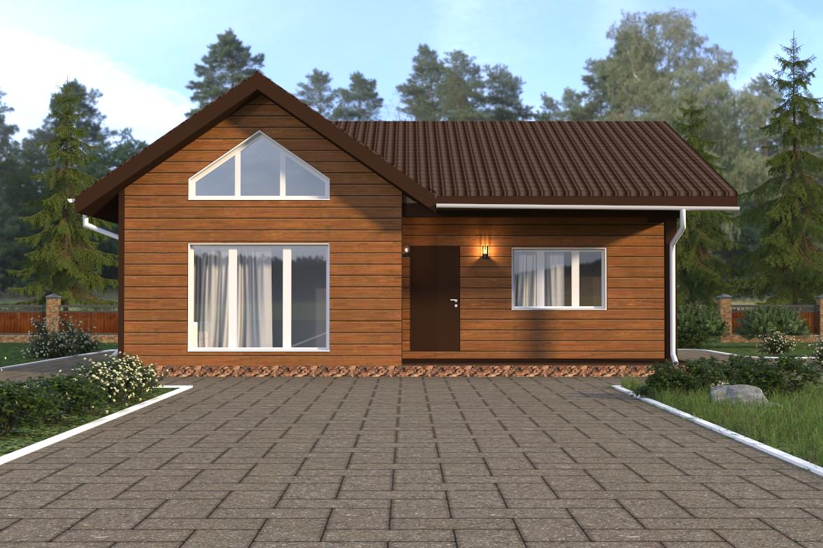 Проект одноэтажного дома 90 м2 в стиле шале с обшивкой из сайдинга под дерево
