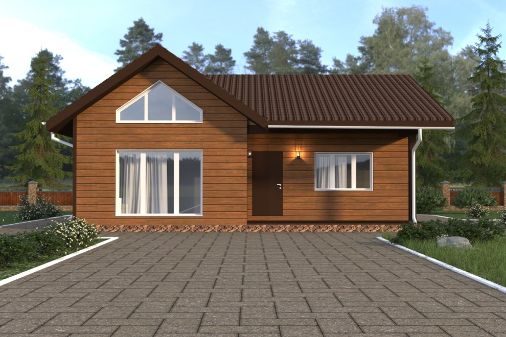 Проект одноэтажного дома 90 м2 в стиле шале с обшивкой из сайдинга под дерево