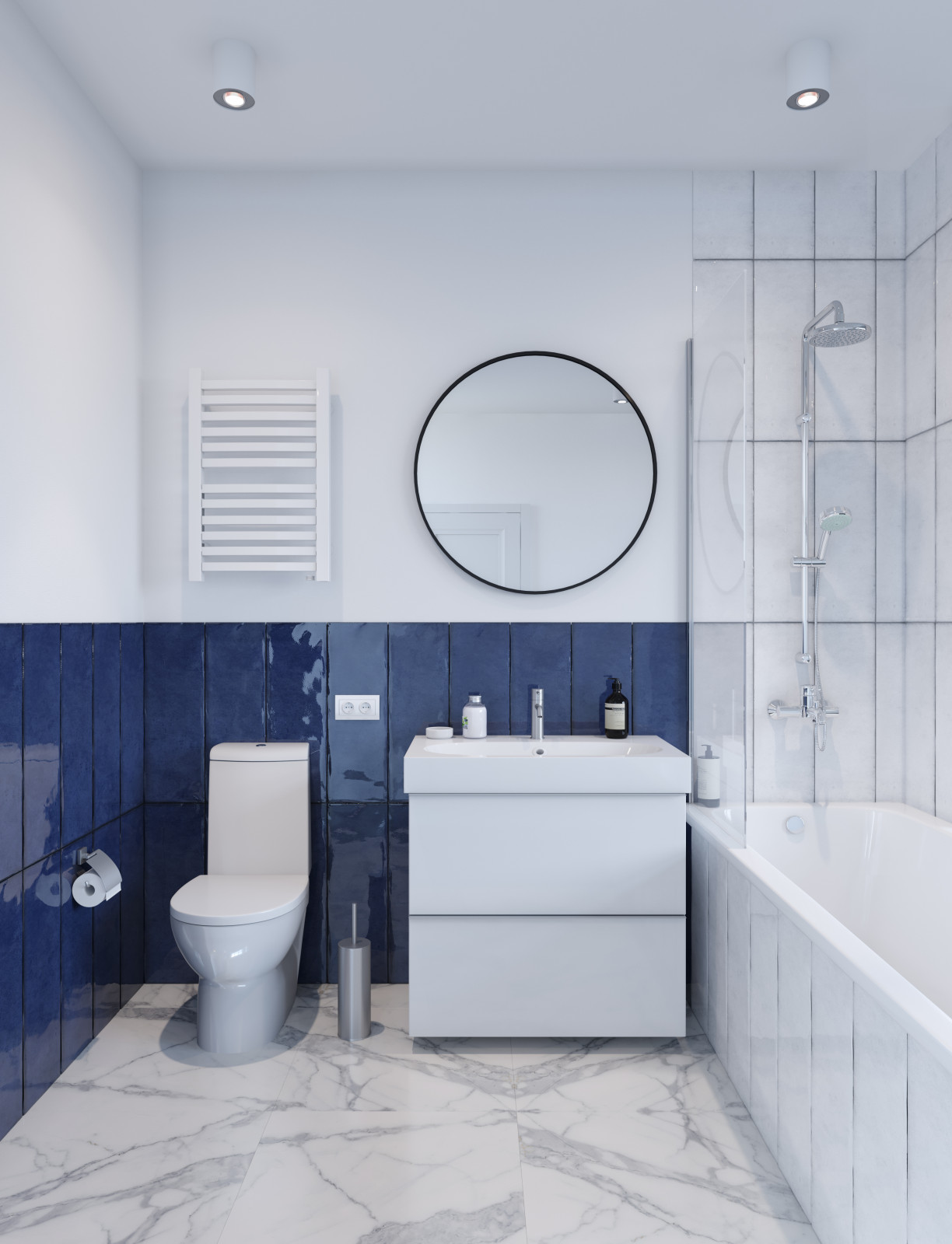 Дизайн интерьера ванной комнаты в квартире в стиле авангард синего цвета