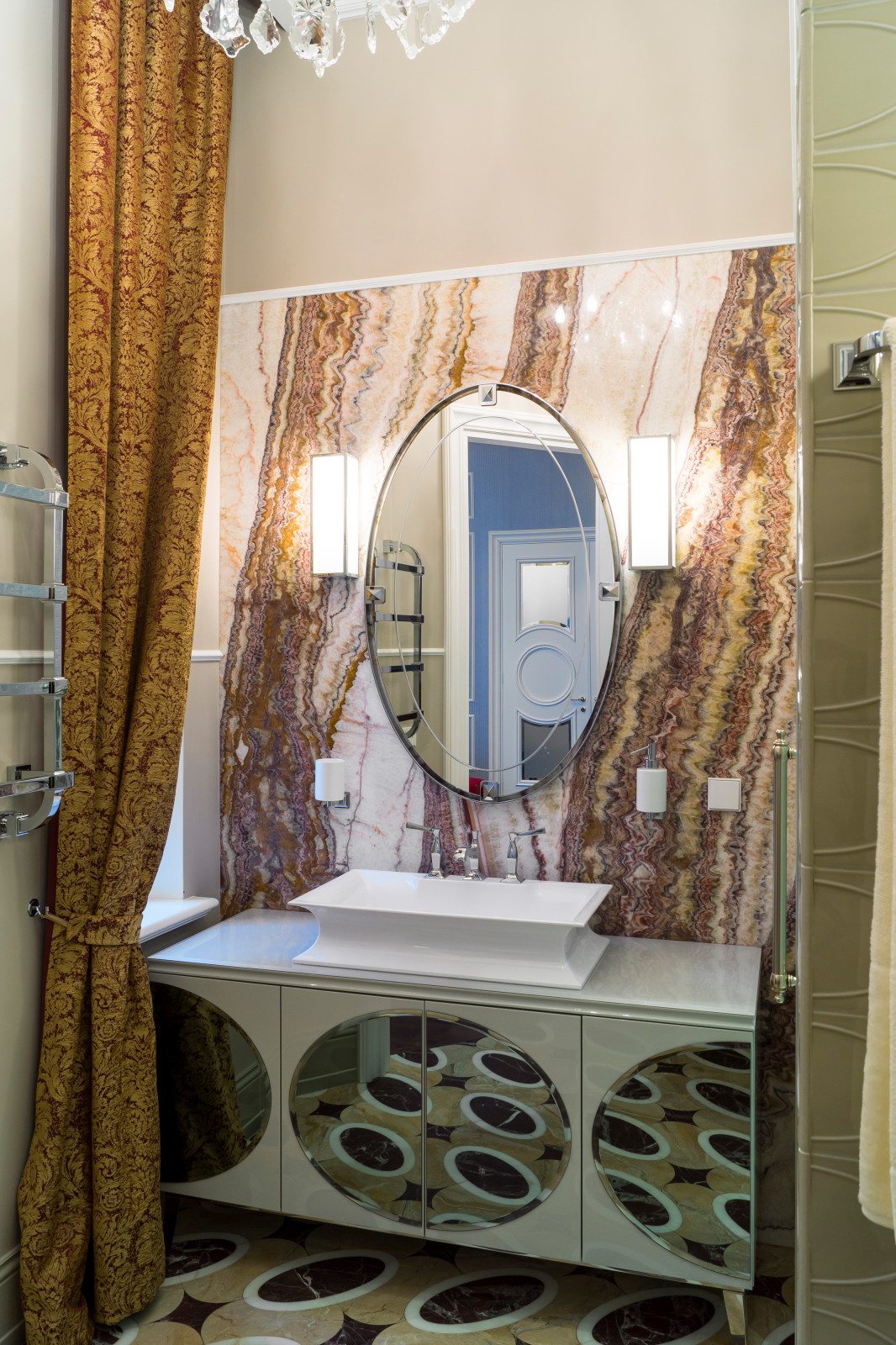 compact bathroom with onyx wall