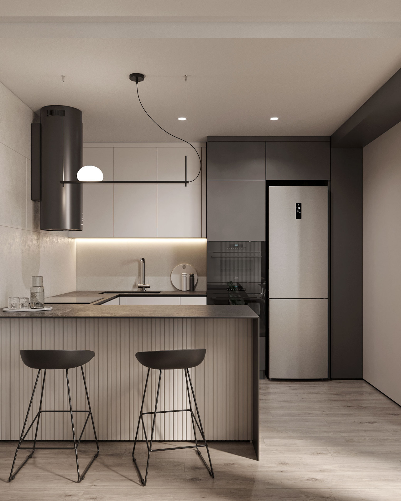 Монохромная кухня - гостиная