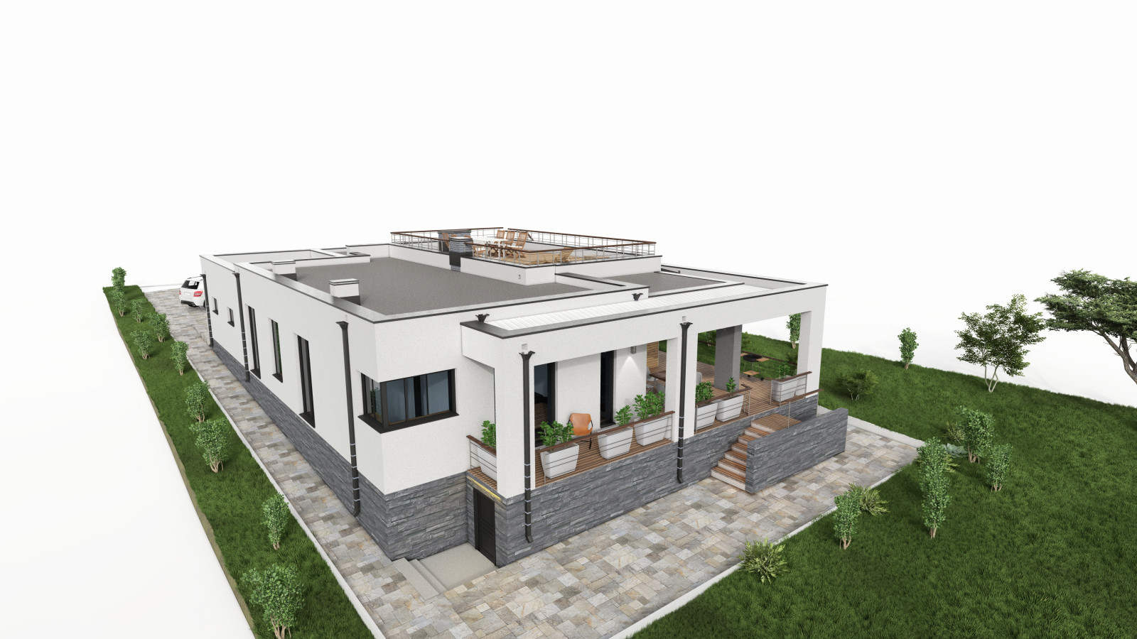 Обложка проекта: дом в стиле хай-тёк с эксплотируемой крышей