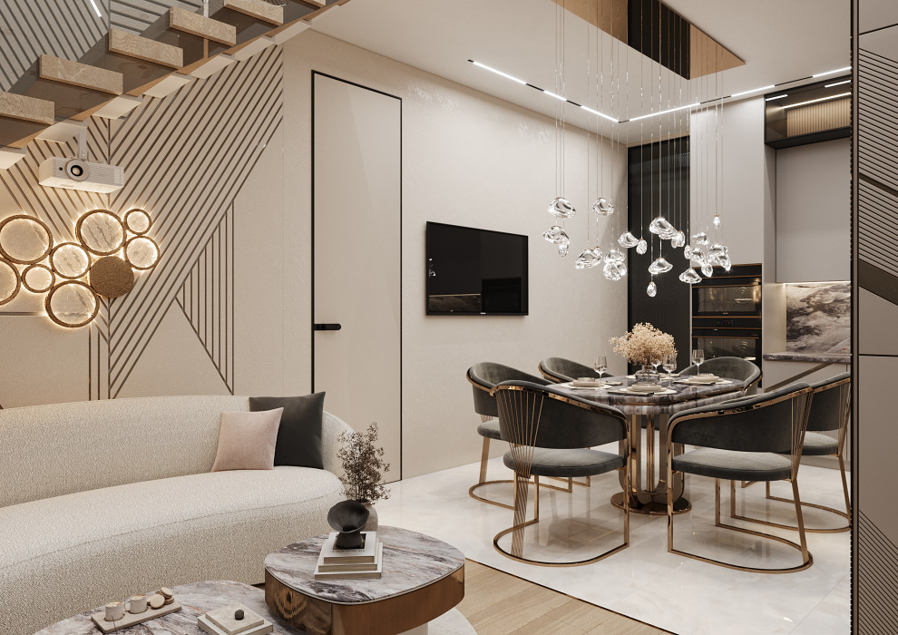 Дизайн кухни-гостиной в двухуровневой квартире в Москве