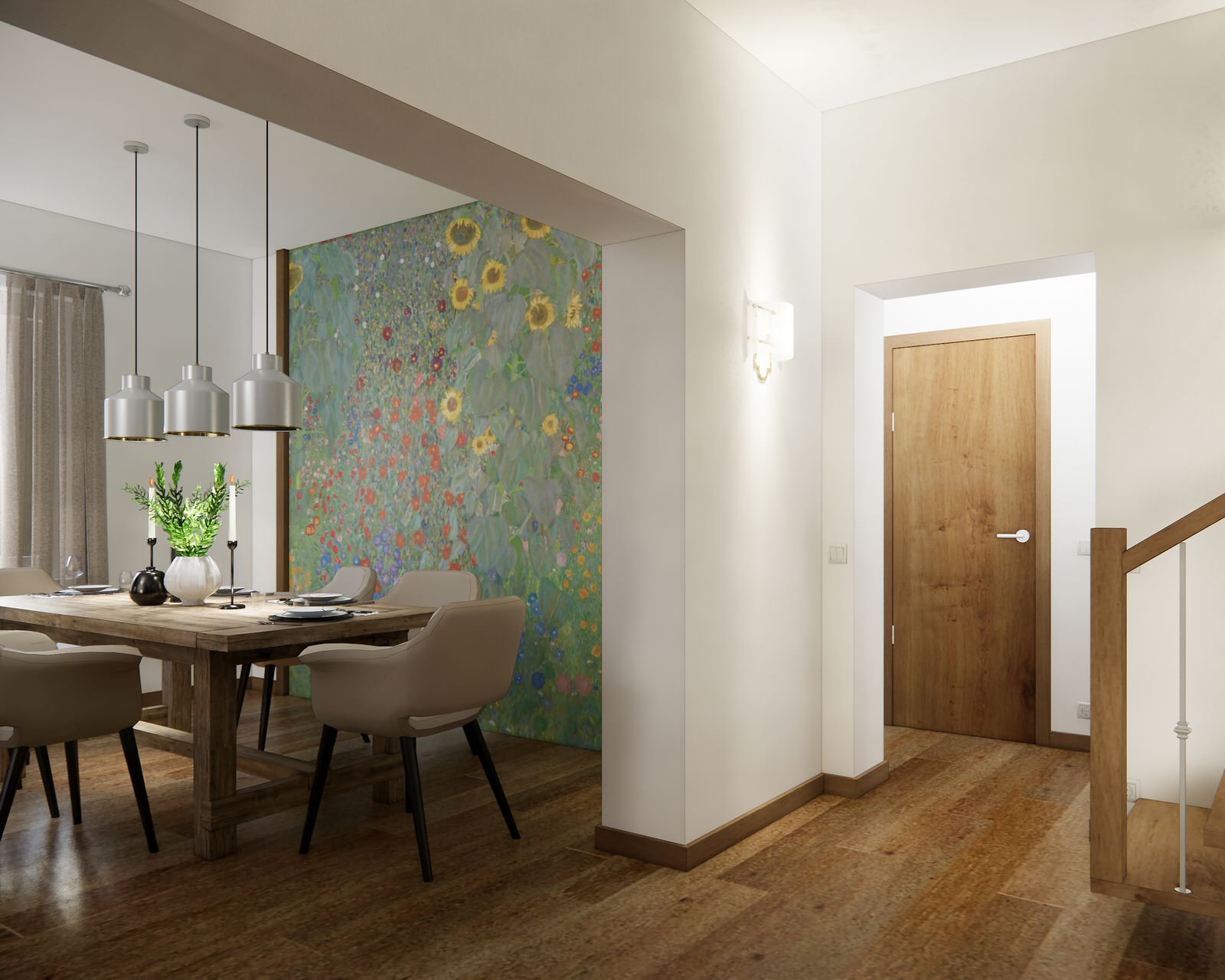 Дом в немецком стиле: кухня и гостиная с камином и лестницей