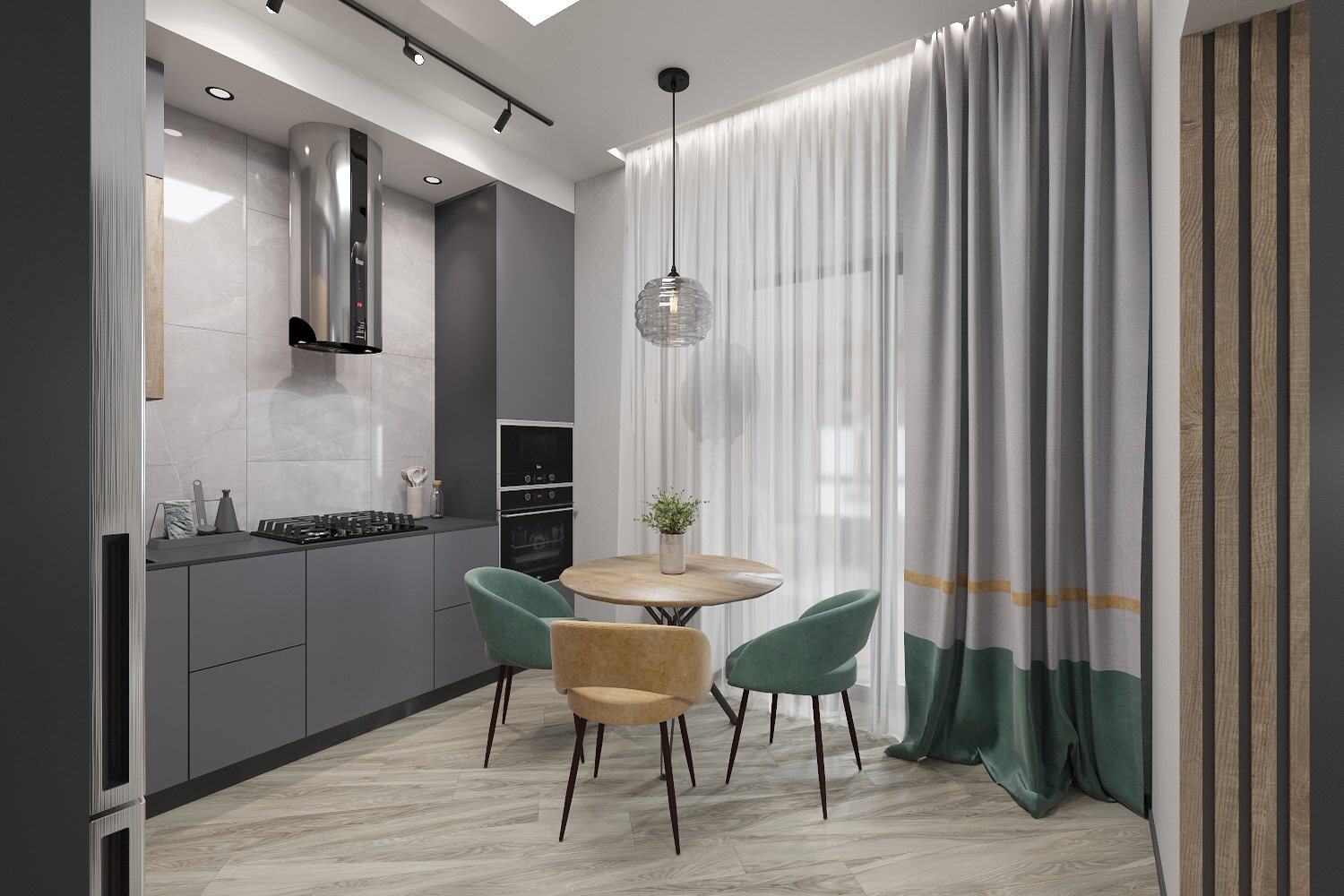 Кухня, гостиная и веранда жилого дома