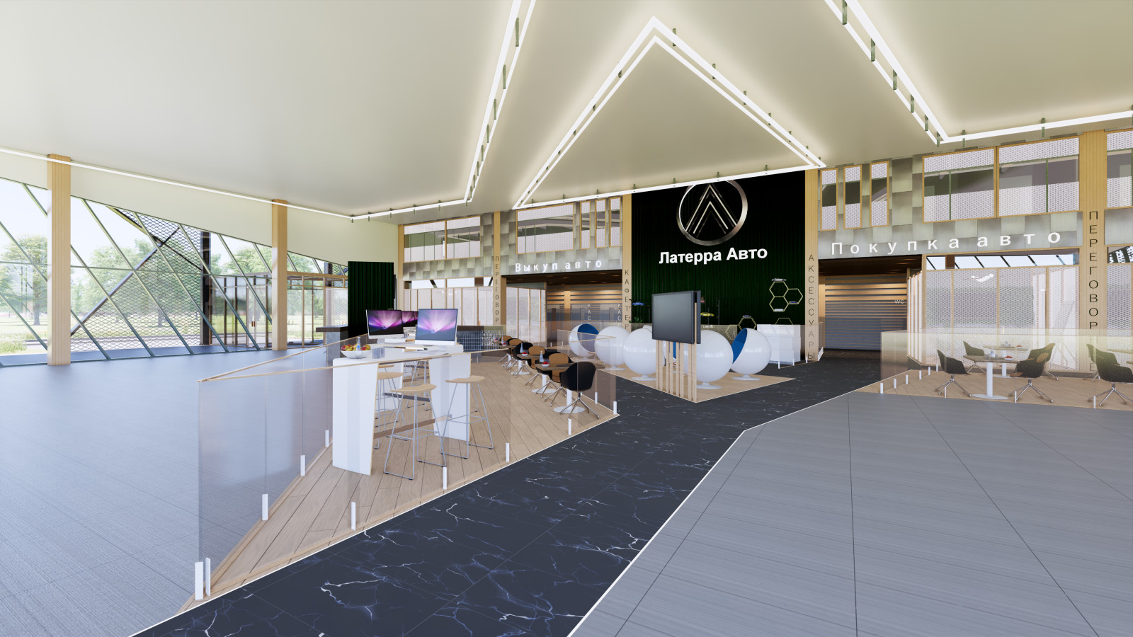 Дизайн интерьера шоу-рума и концепция фасадов для дилерского центра автомобилей