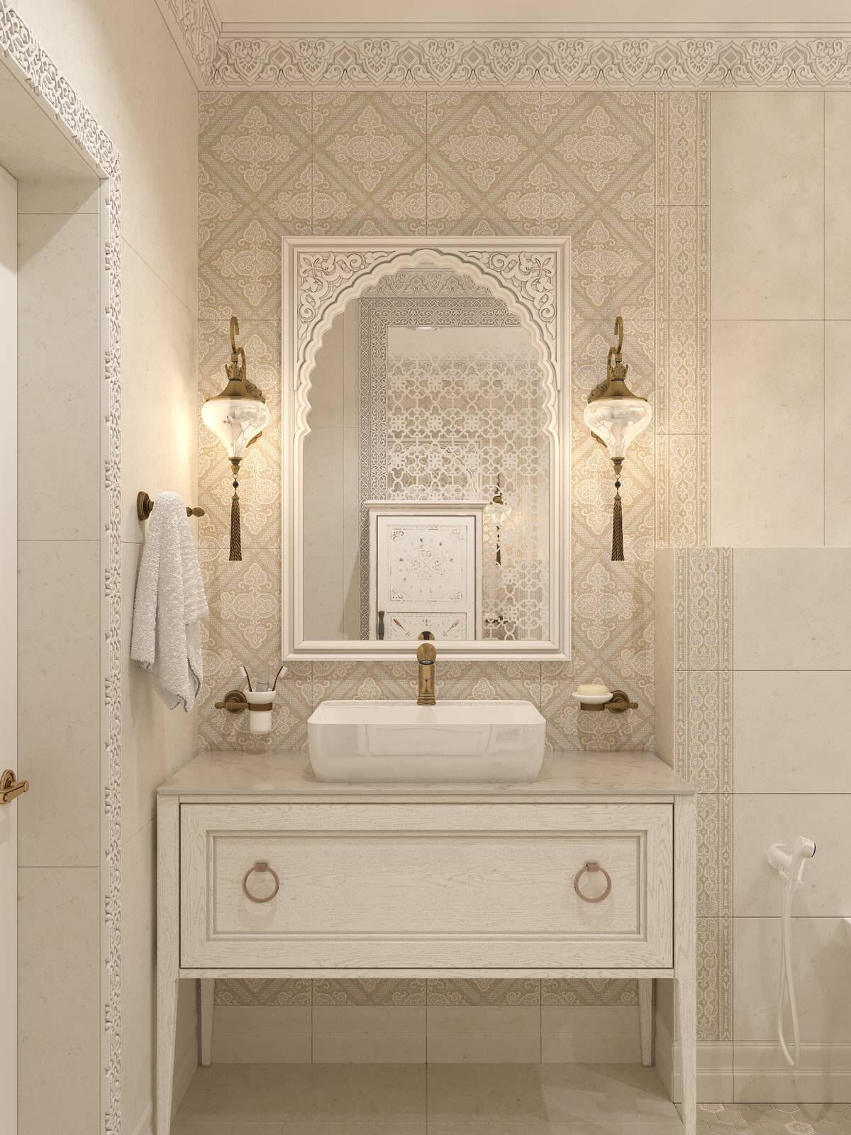 Интерьер санузла в цокольном этаже загородного дома в Восточном стиле